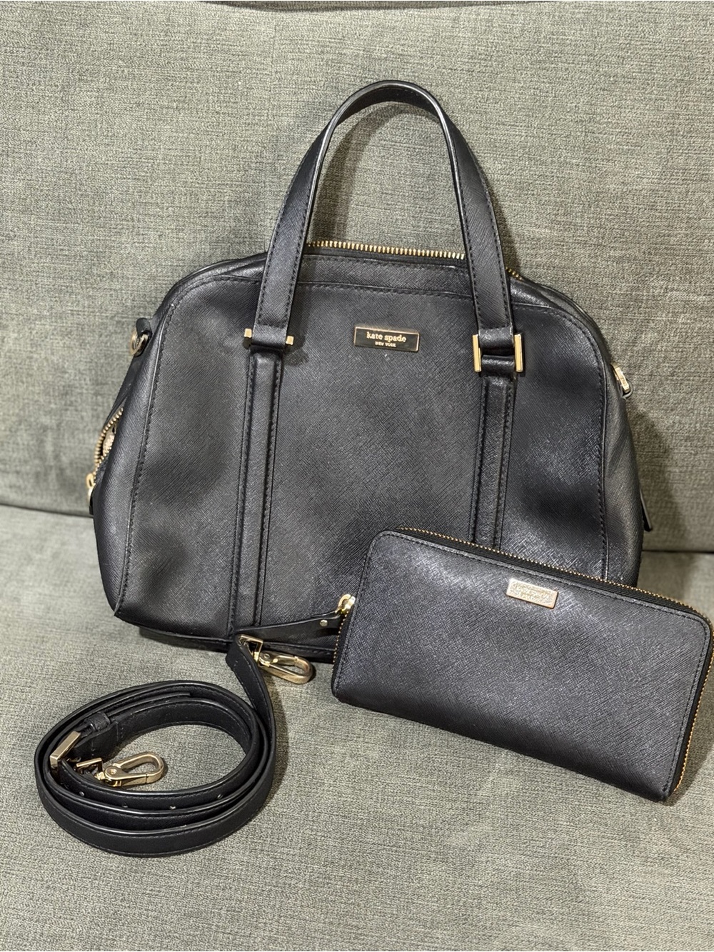 kate spade Black Saffiano Leather Satchel with Matching Wallet and Strap